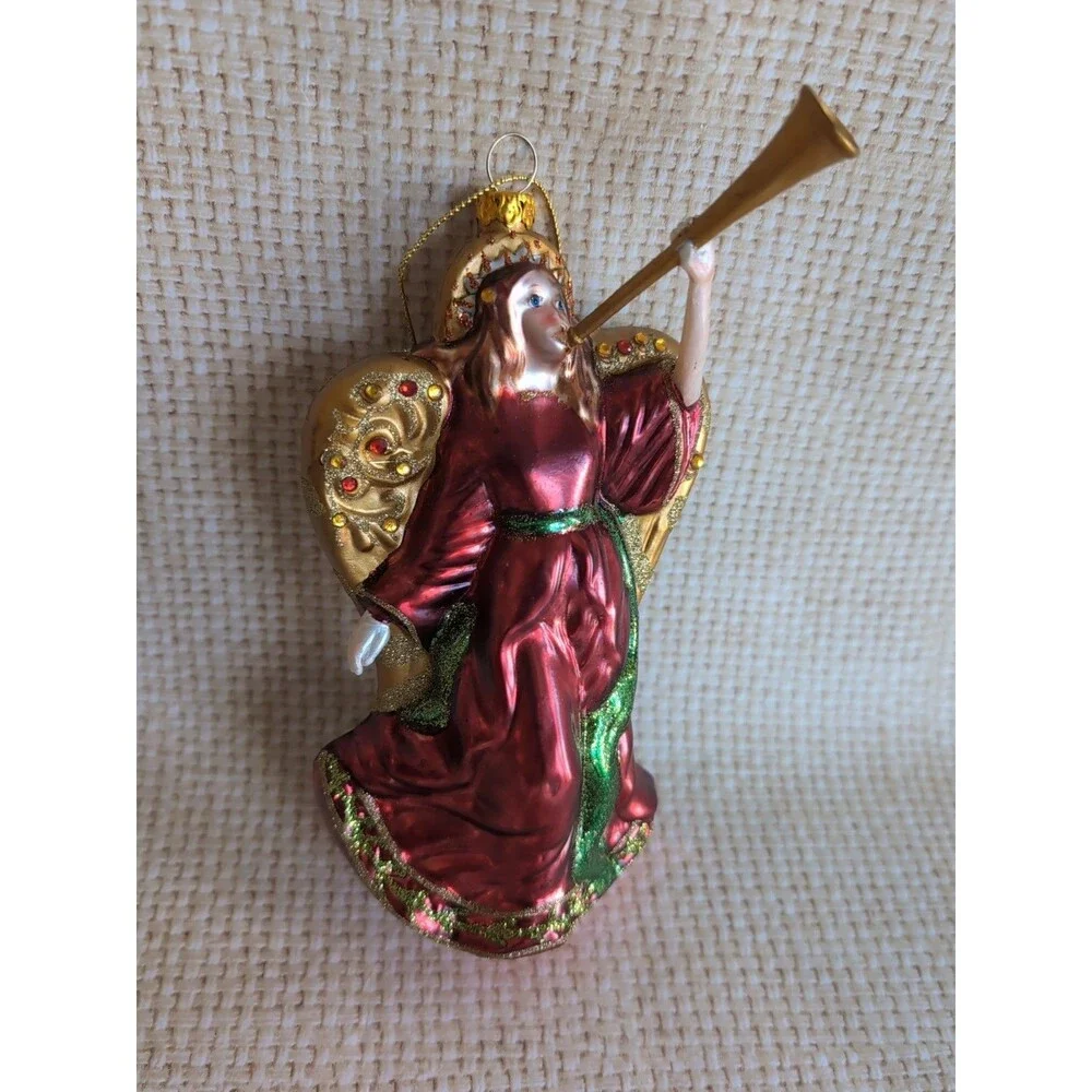 VTG Christmas Angel Ornament European Style Glass Hand Blown Horn Jeweled
